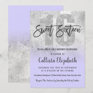 Girly Grunge Silver Lilac Glitzer Foil Sweet 16 Einladung