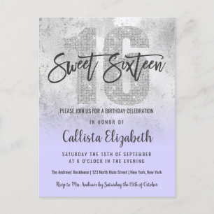 Girly Grunge Silver Lilac Glitzer Foil Sweet 16 Einladungspostkarte