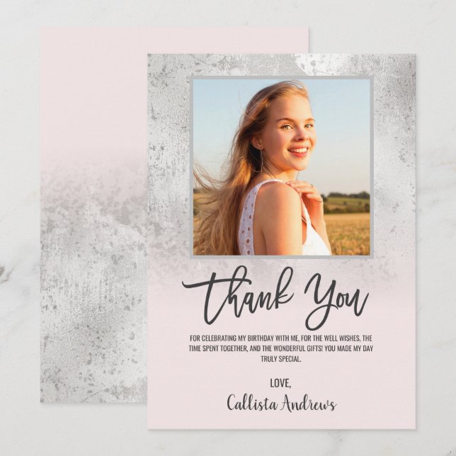 Girly Grunge Silver Pink Glitzer Foil Foto Danke (Vorne/Hinten)