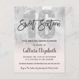 Girly Grunge Silver Pink Glitzer Foil Sweet 16 Einladungspostkarte