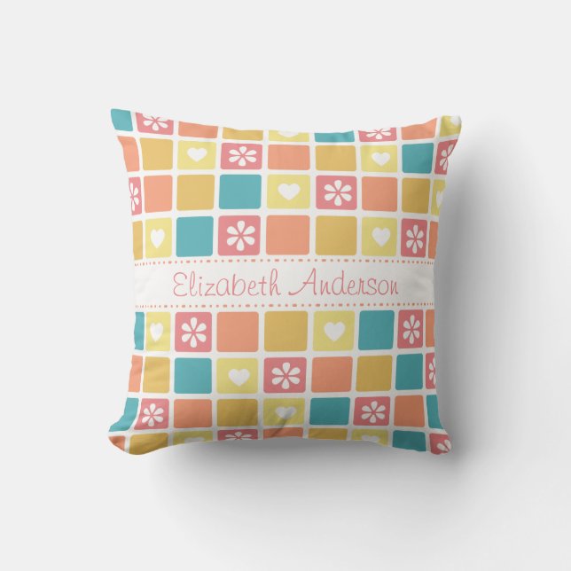 Girly Heart Square Pattern Retro Daisy Blume Kissen (Vorderseite)