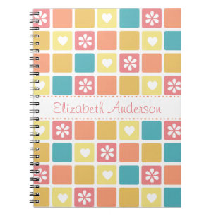 Girly Heart Square Pattern Retro Daisy Blume Notizblock