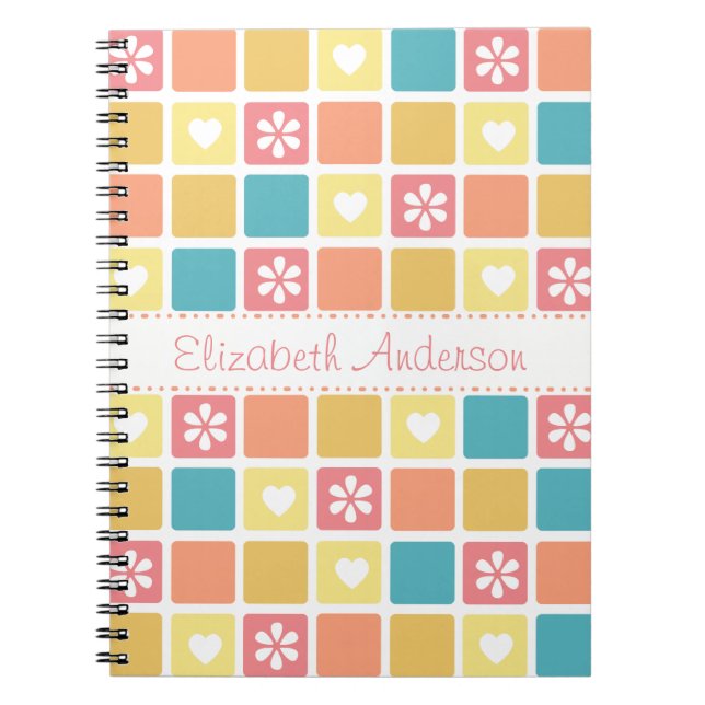 Girly Heart Square Pattern Retro Daisy Blume Notizblock (Vorderseite)