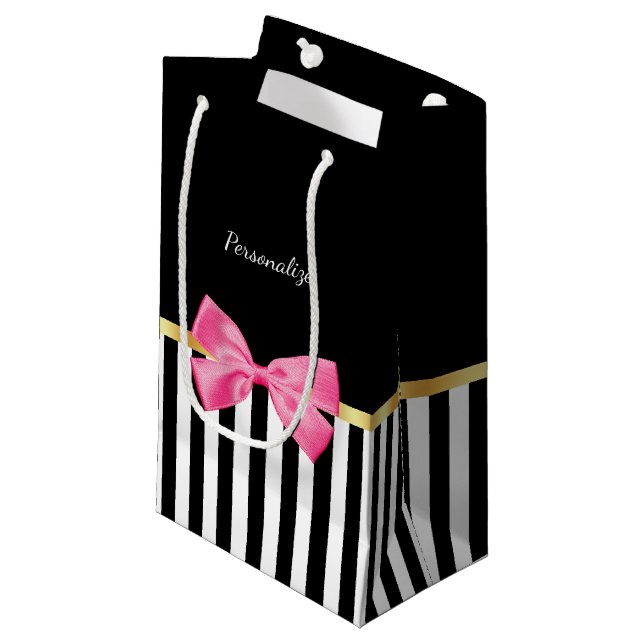 Girly heißes Rosa-Bogen-Schwarz-weiße Streifen mit Kleine Geschenktüte (Vorderseite Schrägansicht)