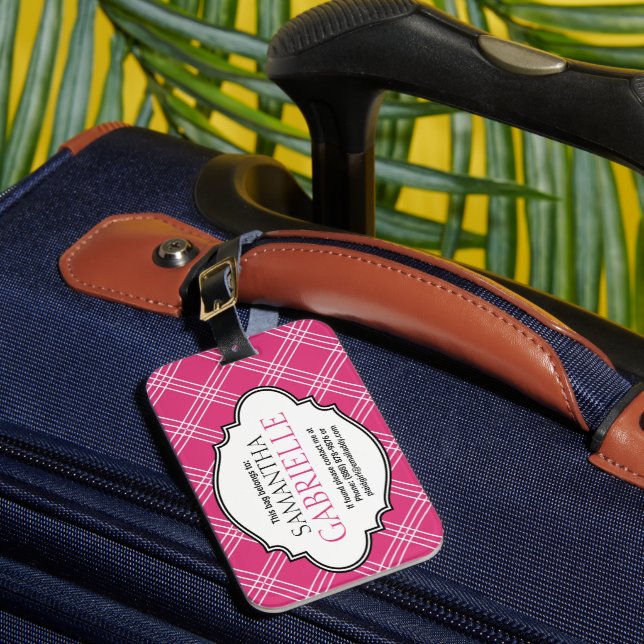 Girly helles rosa Schachbrett-karierter Gepäckanhänger (Vorderseite Insitu 1)