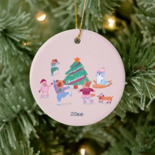 Girly Hogs Ice Skaten Blush Pink Weihnachts-Foto Keramik Ornament