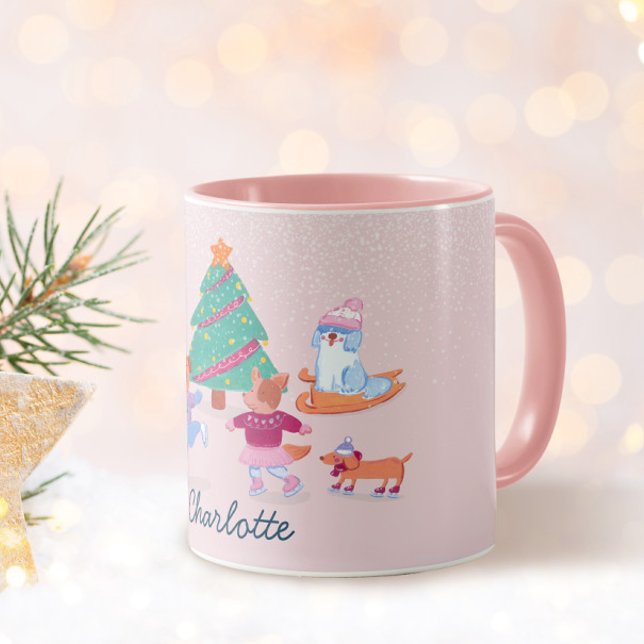Girly Hogs Ice Skaten Blush Pink Weihnachtsname Tasse (Von Creator hochgeladen)