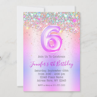 Girly Holographic Glitzer 6. Lila Geburtstag Einladung