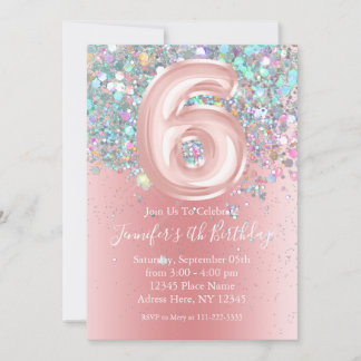 Girly Holographic Glitzer 6th Pink Birthday Einladung