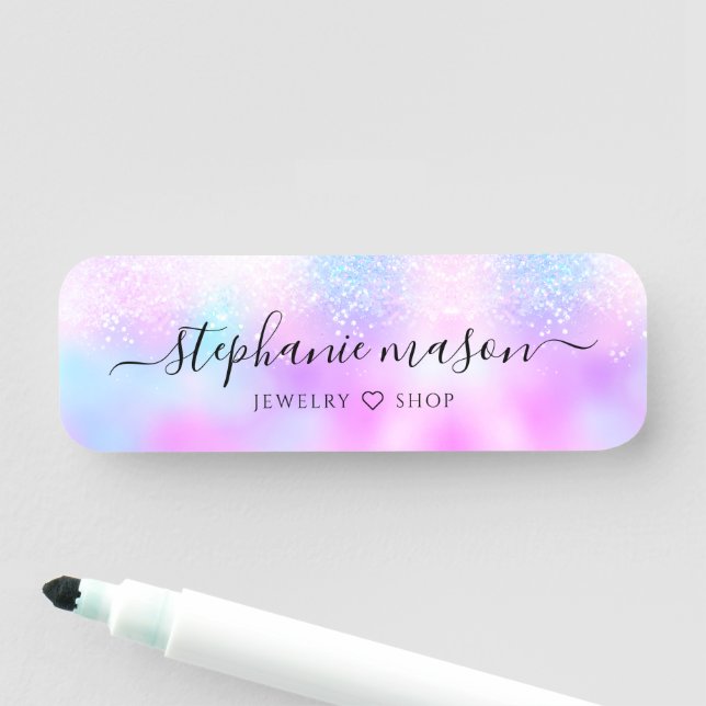 Girly Holographic Glitzer Pastel Business Beauty Namensschild (Beispiel)
