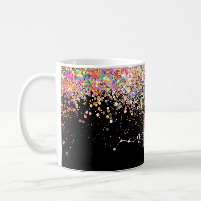 Girly Holographic Glitzer & Sparkle Monogram Black Kaffeetasse (Links)