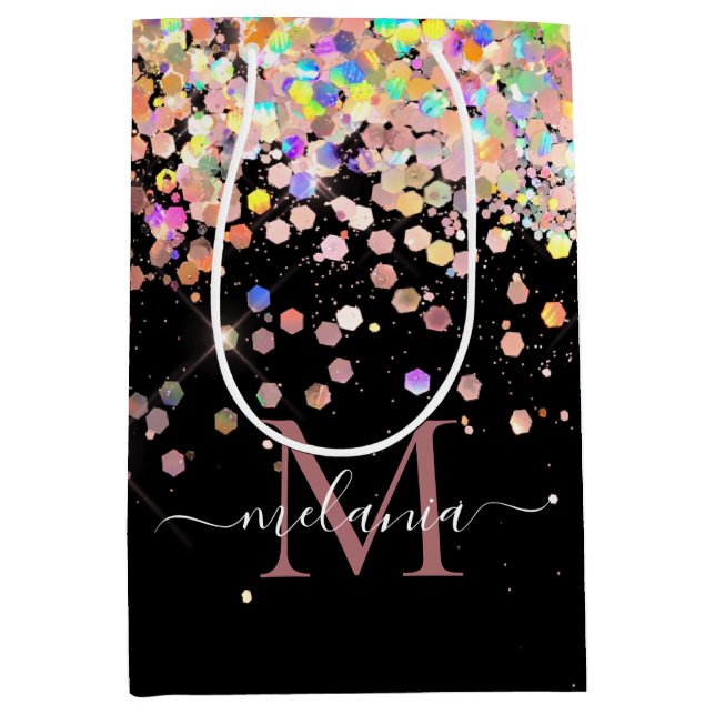 Girly Holographic Glitzer & Sparkle Monogram Black Mittlere Geschenktüte (Vorderseite)