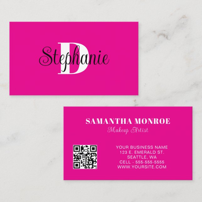 Girly Hot Pink Black and White Modern Monogram Visitenkarte (Vorne/Hinten)