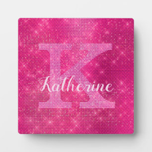 Girly Hot Pink Glitter Funkel Glam Monogramm Name Fotoplatte