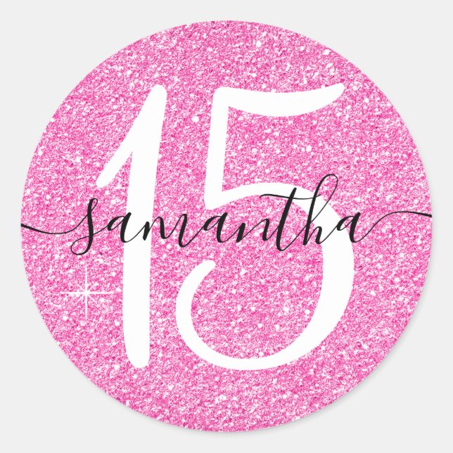 Girly Hot Pink Imitate Glitzer Personalisiert 15 Runder Aufkleber (Vorderseite)