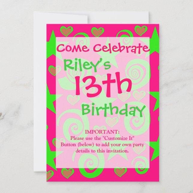 Girly Hot Pink Lime Green Stars Herz Wirbel Gesche Einladung (Vorderseite)