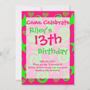 Girly Hot Pink Lime Green Stars Herz Wirbel Gesche Einladung
