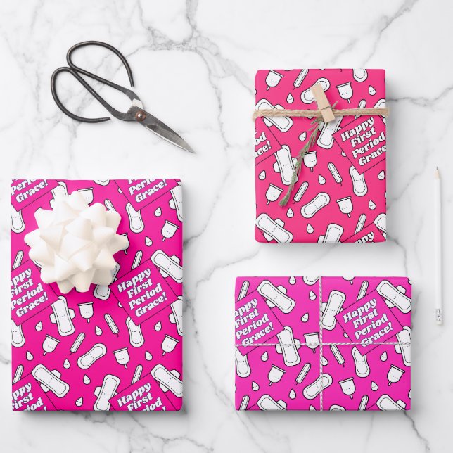 Girly Hot Pink Pad Muster Text Erster Zeitraum Par Geschenkpapier Set (Vorderseite)