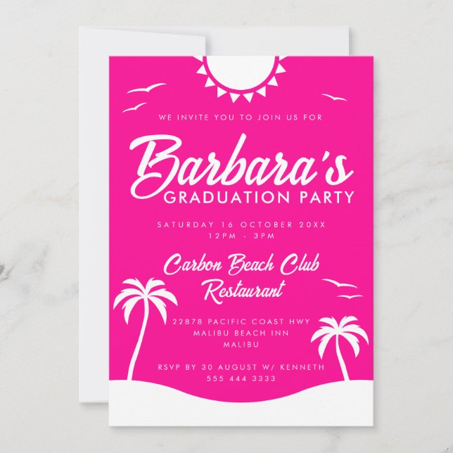 Girly Hot Pink Summer Beach Graduation Party Einladung (Vorderseite)