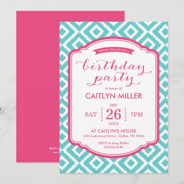 Girly Ikat Diamonds Geburtstagsparty Einladung (Vorne/Hinten)