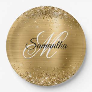 Girly Imitats Gold Glittery Foil Monogram Pappteller