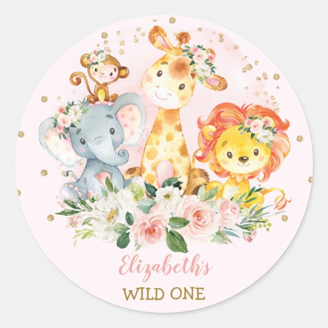 Girly Jungle Safari Tiere Wild One Baby Dusche Runder Aufkleber (Vorderseite)