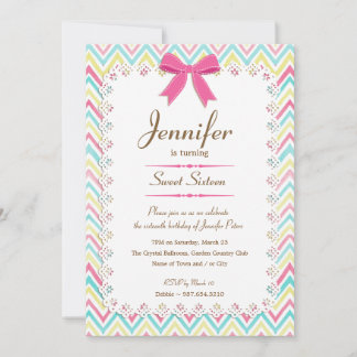 Girly Lace Watercolor Zickzack Pink Bow Sweet 16 Einladung