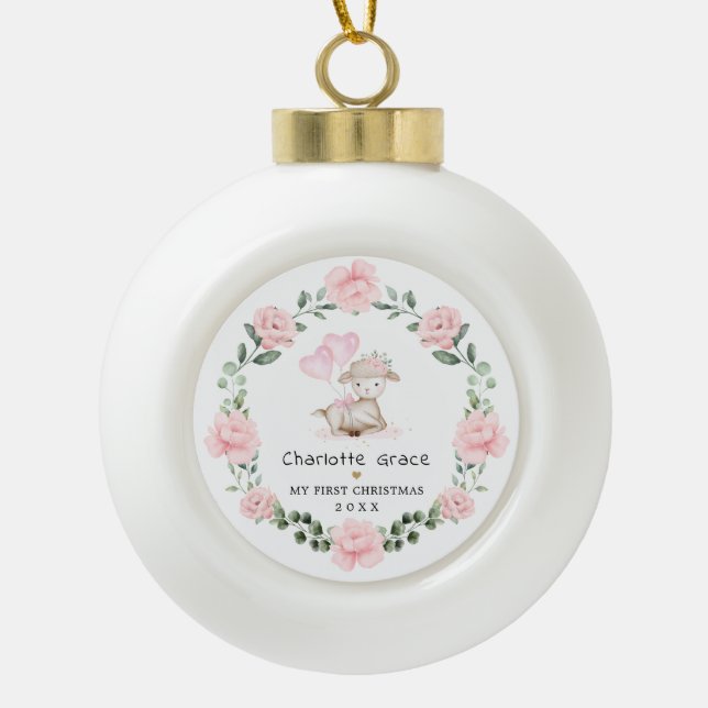 Girly Lamb Blush Blume Wreath Baby 1. Keramik Kugel-Ornament (Vorderseite)