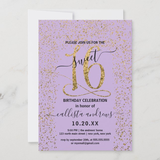 Girly Lavender Gold Confetti Border Sweet 16 Einladung (Vorderseite)