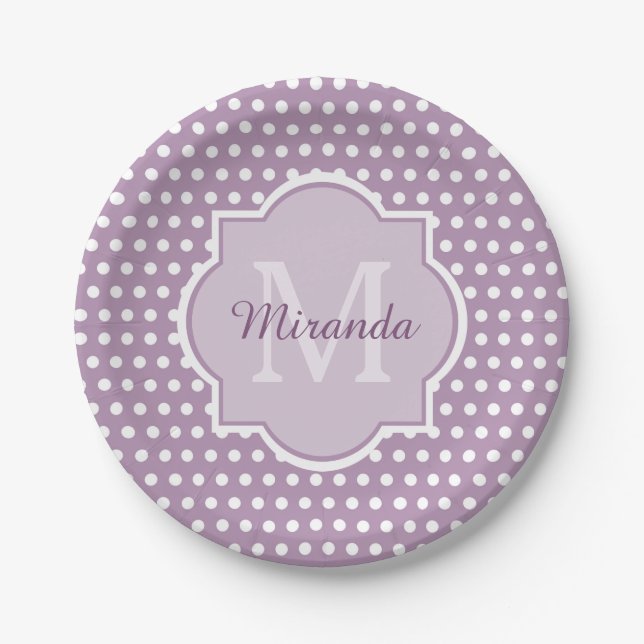 Girly Lavender Lila Polka Dots Monogramm und Name Pappteller (Vorderseite)