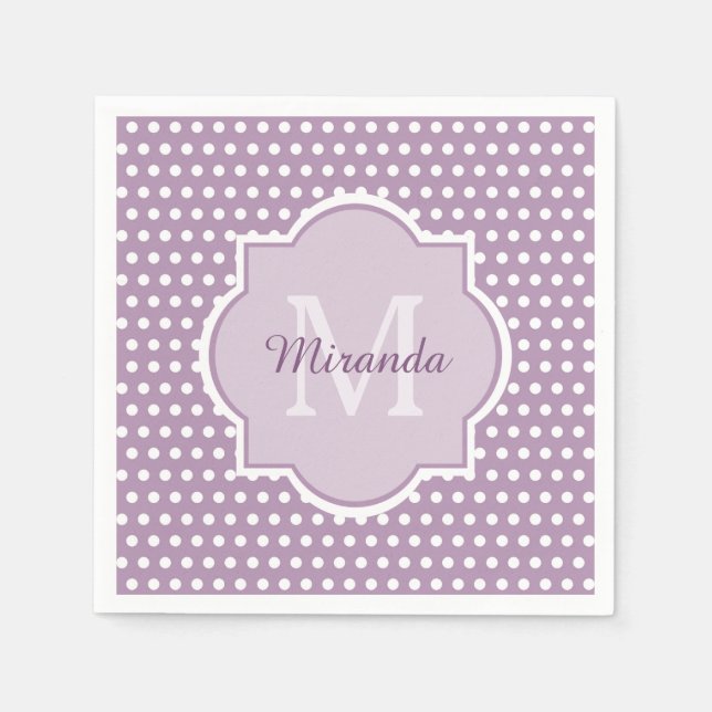 Girly Lavender Lila Polka Dots Monogramm und Name Serviette (Vorderseite)