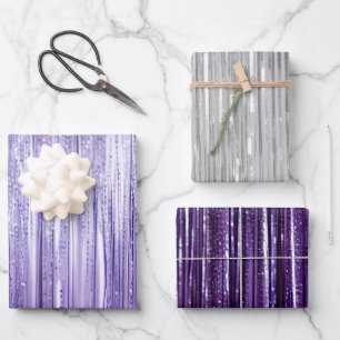 Girly Lavender Lila Silver Glam Tinsel Streifen Geschenkpapier Set