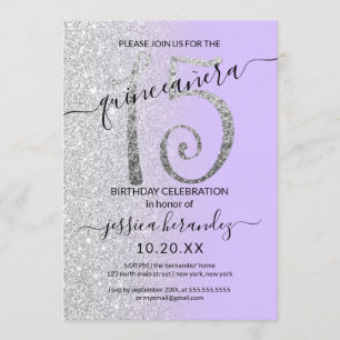Girly Lavender Silver Glitzer Ombre Quinceañera Einladung