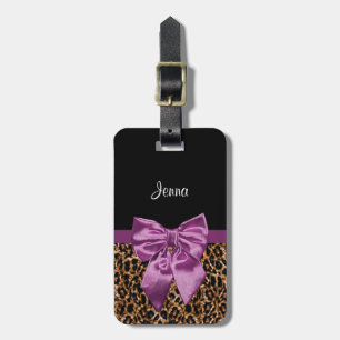 Girly Leopard-Druck-eleganter lila Bogen und Name Gepäckanhänger