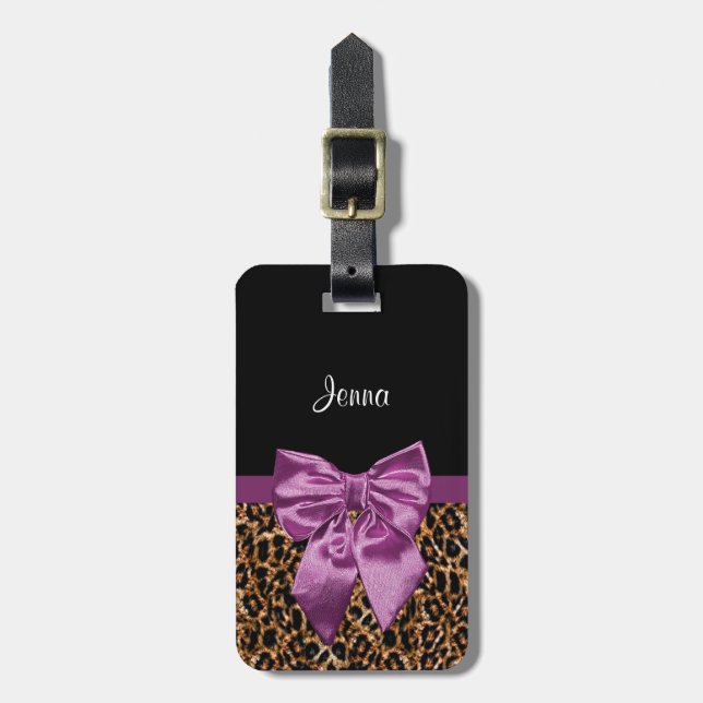 Girly Leopard-Druck-eleganter lila Bogen und Name Gepäckanhänger (Vorderseite vertikal)