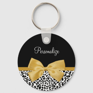 Girly Leopard-Druck-schicker Goldbogen mit Namen Schlüsselanhänger