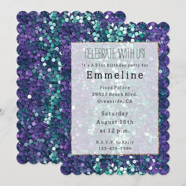 Girly Lila Aqua Mermaid Sparkle Einladung (Vorne/Hinten)