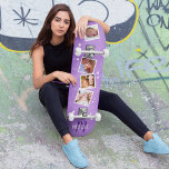 Girly Lila Family Foto Collage Skateboard<br><div class="desc">Das Skateboard ist das ideale Geschenk für die trendigen und familienorientierten Frauen von heute. Ästhetisch ist es so konzipiert, dass es den geistlichen Geschmack erweckt - mit einem glatten und lebendigen, lila strukturierten Hintergrund, umgeben von weißen Sternen und personalisiert mit vier Fotos der Familie und einem Initial und Namen Ihrer...</div>