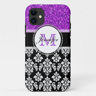 Girly Lila Glitter Schwarz Damast Personalisiert Case-Mate iPhone Hülle