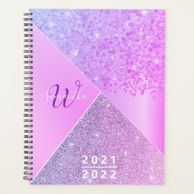 Girly Lila Pink Glitzer Chic Monogram 2021 2022 Planer (Vorderseite)