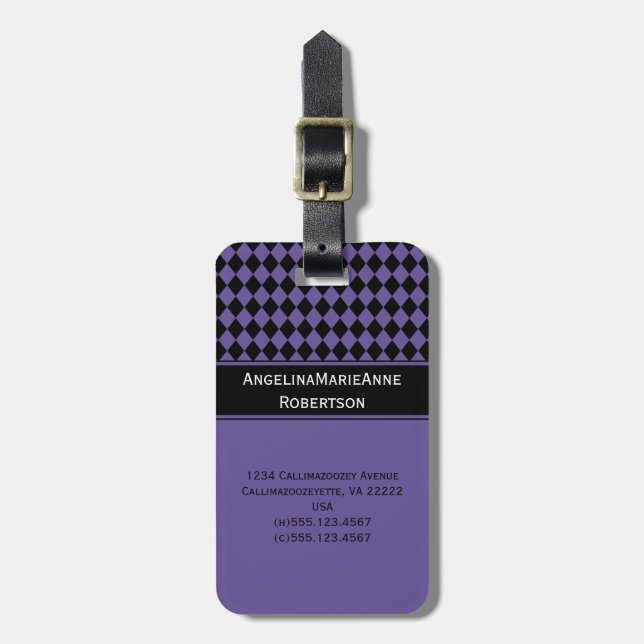 Girly lila schwarze Rauten-Diamant-Muster-Umbauten Gepäckanhänger (Vorderseite vertikal)