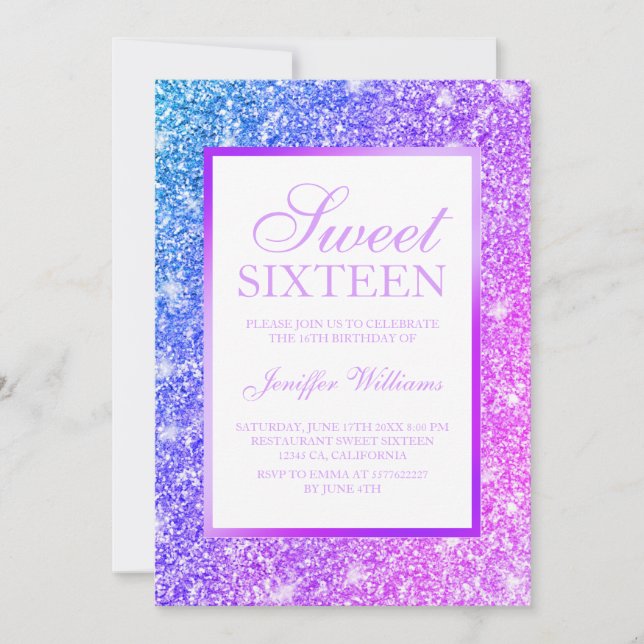 Girly Lila und Pink Glitzer Sweet 16 Einladung (Vorderseite)