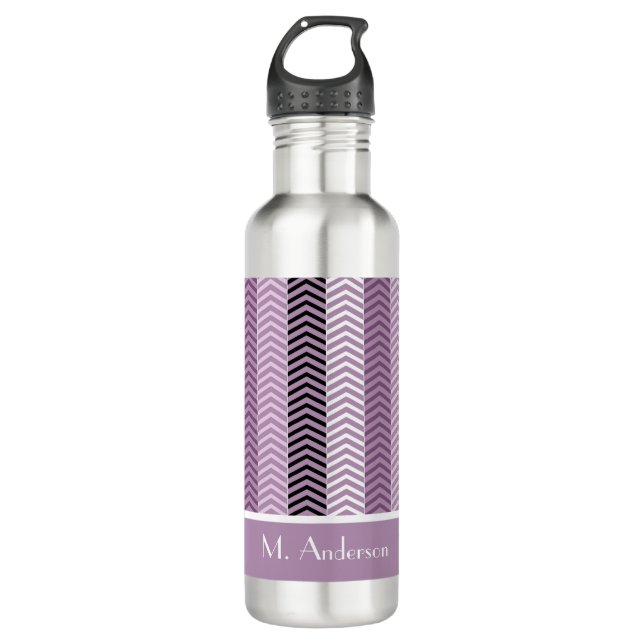 Girly lila Zickzack Streifen-Muster mit Namen Trinkflasche (Vorderseite)