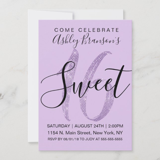 Girly Lilac Lila Sequin Glitzer Sweet 16 Einladung (Vorderseite)