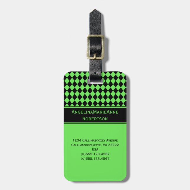 Girly Limone grüne schwarze Gepäckanhänger (Vorderseite vertikal)