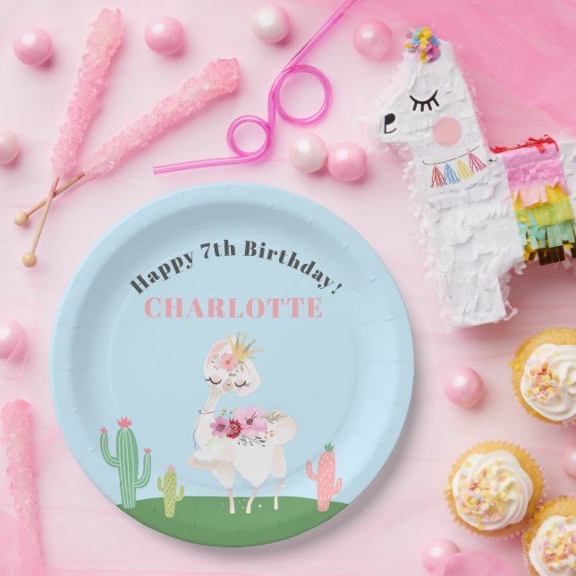 Girly Llama Floral Cactus Birthday Party Pappteller (Party)