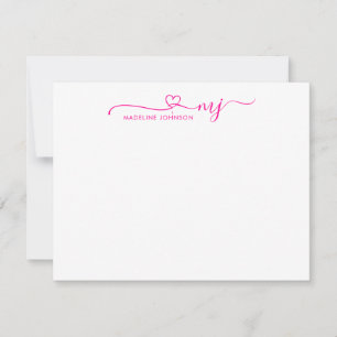 Girly Magenta Pink Heftschrift Name Monogram Mitteilungskarte