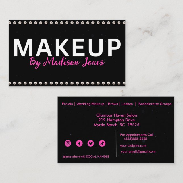 Girly Makeup Artist Schwarz-weiße Visitenkarten Visitenkarte (Vorne/Hinten)