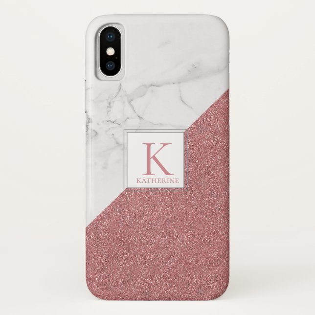 Girly Marble Blush Pink Glitzer Monogram Geometric Case-Mate iPhone Hülle (Rückseite)