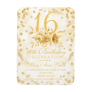 Girly Marble Glitzer Gold Floral Sweet 16.  Magnet